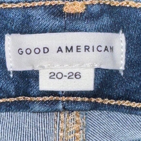 Good American Bermuda Denim Shorts Indigo 20-26 Plus Cut Off Distressed Mid Rise - Picture 7 of 10